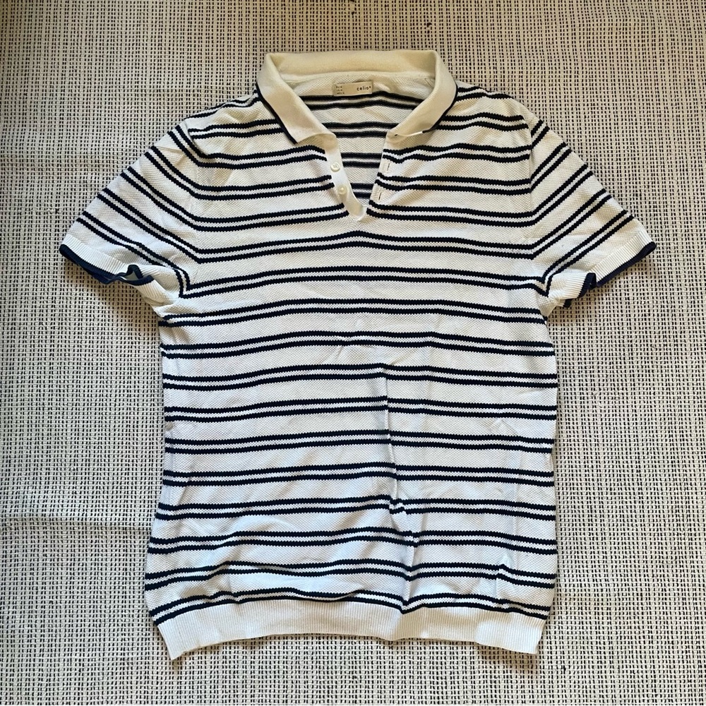Celio Men Black/White Stripe Polo Shirt Medium